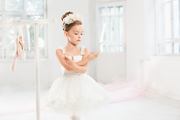 Image showing Little ballerina girl in a tutu. Adorable child dancing classical ballet in a white studio.