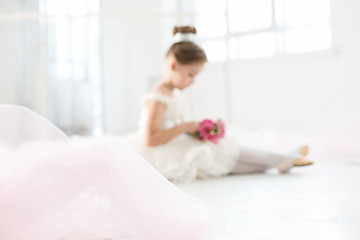 Image showing The little balerina in white tutu in class at the ballet school