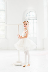 Image showing Little ballerina girl in a tutu. Adorable child dancing classical ballet in a white studio.