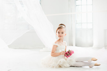 Image showing The little balerina in white tutu in class at the ballet school