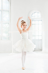 Image showing Little ballerina girl in a tutu. Adorable child dancing classical ballet in a white studio.