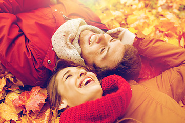 Image showing close up of smiling couple lying on autumn leaves