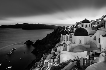 Image showing Traditional greek village of Oia in black and white, Santorini island, Greece.