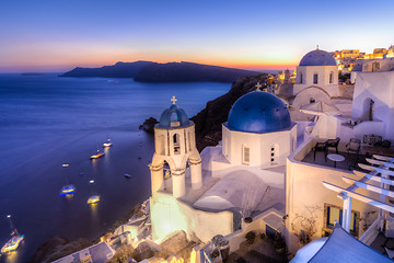 Image showing Traditional greek village of Oia at dusk, Santorini island, Greece.