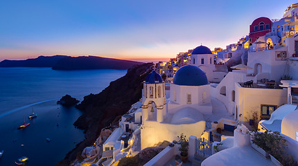 Image showing Traditional greek village of Oia at dusk, Santorini island, Greece.