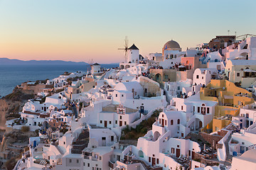 Image showing Oia village at sunset, Santorini island, Greece.