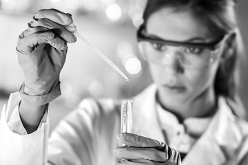 Image showing Young scientist pipetting in life science laboratory.