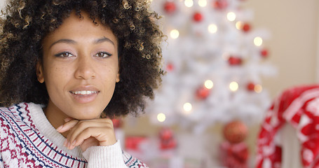 Image showing Close up on happy woman near Christmas tree