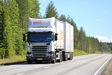 Image showing White Scania Transport Truck for Postal Deliveries at Summer