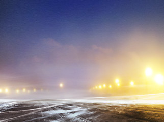 Image showing winter road to airport at night