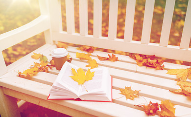 Image showing open book and coffee cup on bench in autumn park