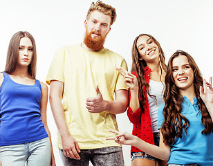 Image showing company of hipster guys, bearded red hair boy and girls students having fun together friends, diverse fashion style, lifestyle people concept isolated on white background 