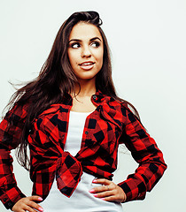 Image showing young happy smiling latin american teenage girl emotional posing on white background, lifestyle people concept 