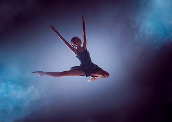 Image showing Beautiful young ballet dancer jumping on a lilac background.