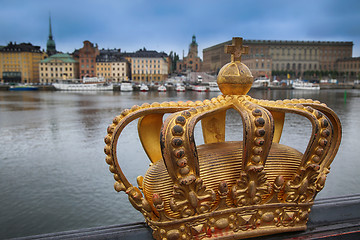 Image showing Skeppsholmsbron (Skeppsholm Bridge) with Golden Crown on a bridg