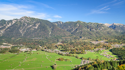 Image showing Aerial landscape with green meadow in Alpine valley