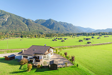 Image showing Landscape of Alpine pasture land in valley