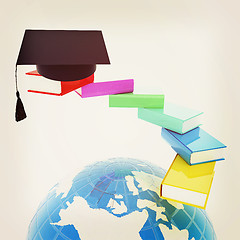 Image showing Earth of education with books around and graduation hat. Global 