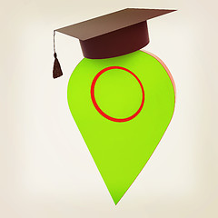 Image showing Geo pin with graduation hat on white. School sign, geolocation a