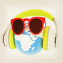 Image showing Earth planet with earphones and sunglasses. 3d illustration. Vin