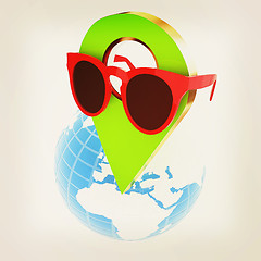 Image showing Glamour map pointer in sunglasses on Earth. 3d illustration. Vin