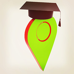 Image showing Geo pin with graduation hat on white. School sign, geolocation a