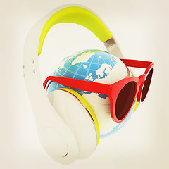 Image showing Earth planet with earphones and sunglasses. 3d illustration. Vin