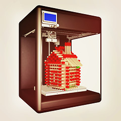 Image showing Industrial 3D printer prints a toy house made of matches. 3d ill