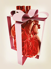 Image showing Red human heart with ribbon. Donor concept. 3d illustration. Vin