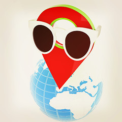 Image showing Glamour map pointer in sunglasses on Earth. 3d illustration. Vin