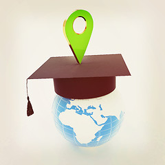 Image showing Geo pin with graduation hat on white. School sign, geolocation a