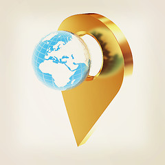 Image showing Planet Earth and golden map pins icon on Earth. 3d illustration.