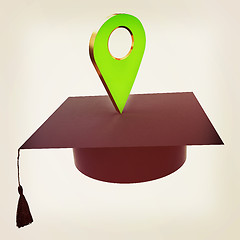 Image showing Geo pin with graduation hat on white. School sign, geolocation a