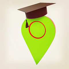 Image showing Geo pin with graduation hat on white. School sign, geolocation a