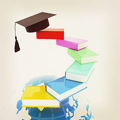 Image showing Earth of education with books around and graduation hat. Global 