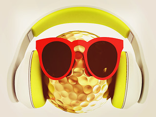 Image showing Gold Golf Ball With Sunglasses and headphones. 3d illustration. 