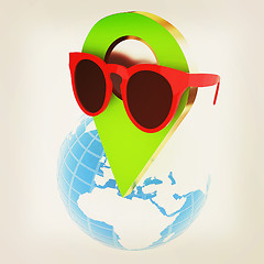 Image showing Glamour map pointer in sunglasses on Earth. 3d illustration. Vin