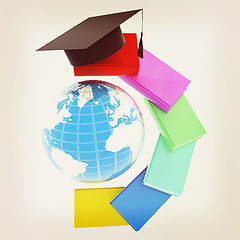 Image showing Earth of education with books around and graduation hat. Global 