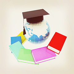 Image showing Earth of education with books around and graduation hat. Global 