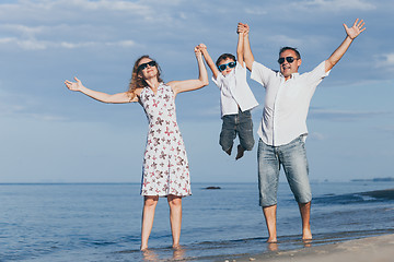 Image showing Happy family walking on the beach at the day time.