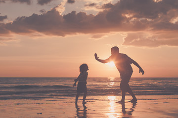 Image showing Father and son playing on the beach at the sunset time.