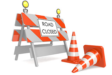 Image showing Road closed sign with traffic cones