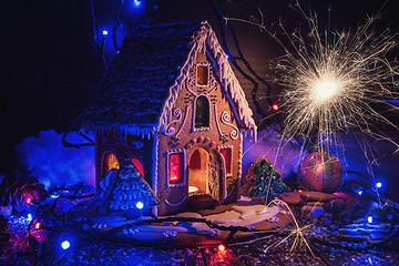 Image showing Gingerbread house with lights