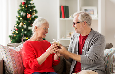 Image showing happy smiling senior couple with christmas gift