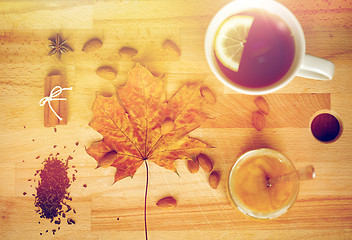 Image showing cup of lemon tea and honey on wooden board