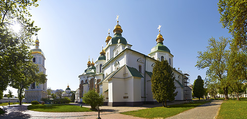 Image showing Panorama of Saint Sophia Cathedral in Kiev in a bright spring sunny summer morning