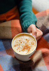 Image showing Girl with cup of cappuccino coffee