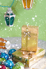 Image showing Golden presents and christmas toys