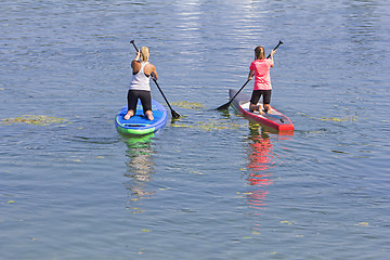 Image showing Two women practicing paddle surf in lake