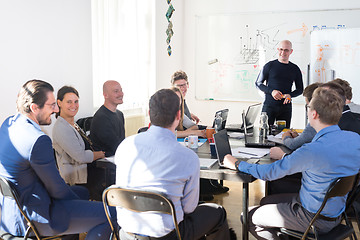 Image showing Relaxed informal IT business startup company team meeting.